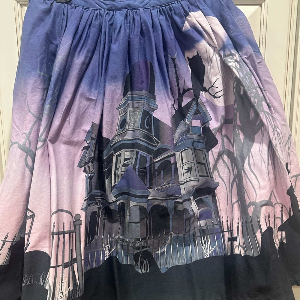 Unique Vintage Haunted House Print Skirt - Purple and Pink